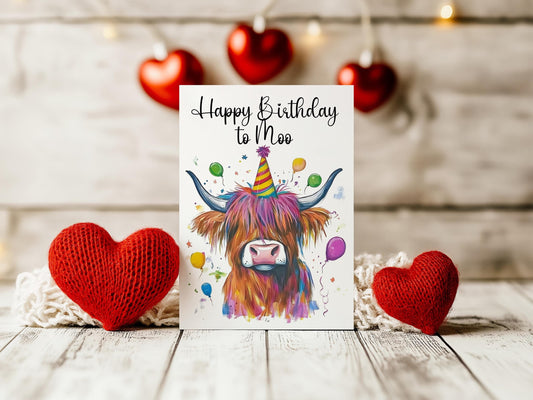 Birthday Card - Highland Cow Birthday Card - Happy Birthday to Moo - Personalised Birthday Card