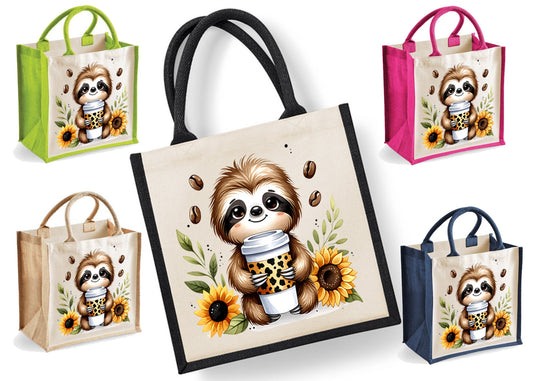 Sloth Tote Bag | Jute | Jute Tote Bag | Shopping Bag | Reusable Bag | Sloth | Coffee