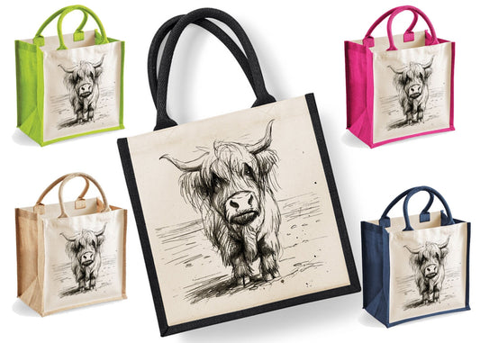Highland Cow Tote Bag | Jute | Jute Tote Bag | Shopping Bag | Reusable Bag | Highland Cow | Highland Cow Sketch