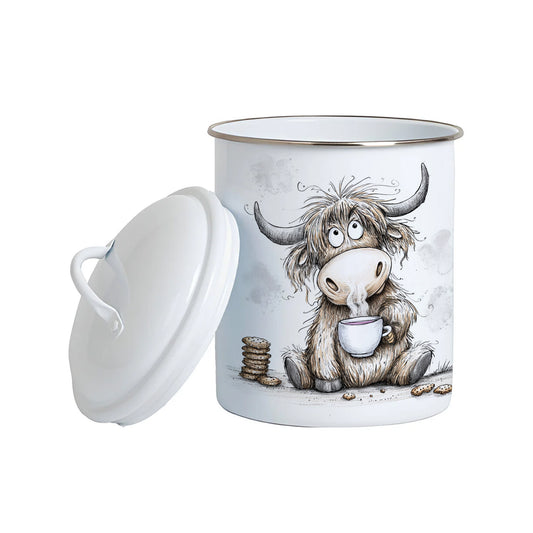 Biscuit Barrel Enamel - Highland Cow - Enamel Caddie - Enamel Jar - Biscuit Tin - 2 and Coo