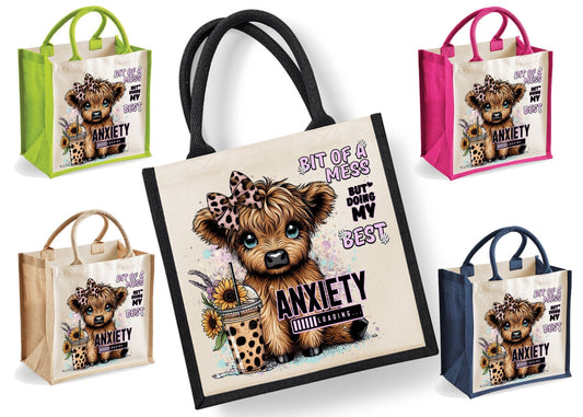Highland Cow Tote Bag | Jute | Jute Tote Bag | Shopping Bag | Reusable Bag  | Anxiety