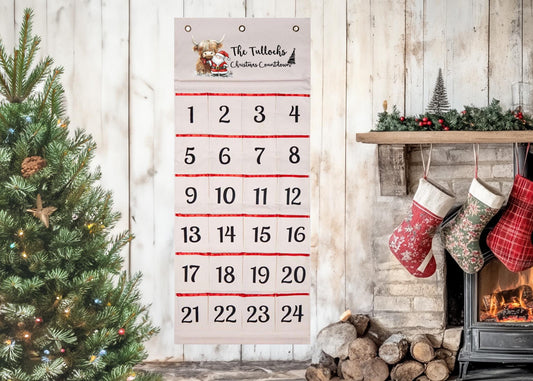 Re-usable Canvas Advent Calendar - Highland Cow - Christmas Countdown - Countdown Calendar