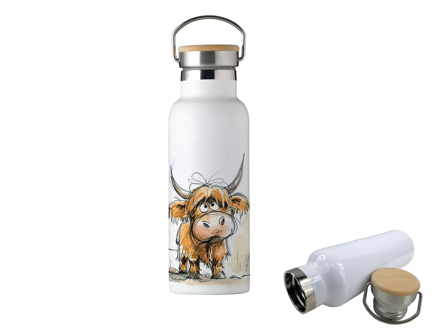 Personalised Water Bottle | 600ml | Hot/Cold | Custom Water Bottle | Highland Cow | Metal Water Bottle Bamboo Lid with Carry Handle