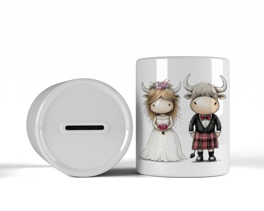 Ceramic Bank - Highland Cow Ceramic Bank - Money Pot - Wedding Gift - I Moo - Personalised ceramic money pot