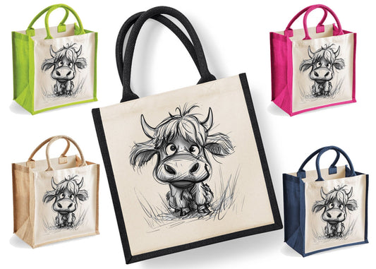Highland Cow Tote Bag | Jute | Jute Tote Bag | Shopping Bag | Reusable Bag | Highland Cow | Highland Cow Sketch