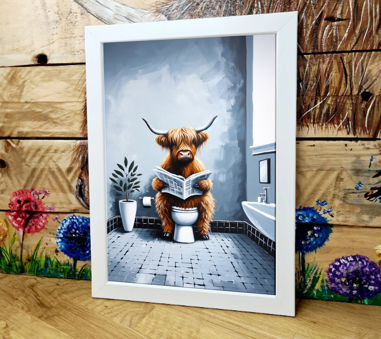 Highland Cow Print | A4 Framed Print | Highland Cow on The Loo | Made to Order | Wall Art