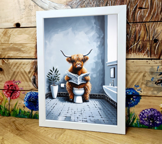 Highland Cow Print | A4 Framed Print | Highland Cow on The Loo | Made to Order | Wall Art