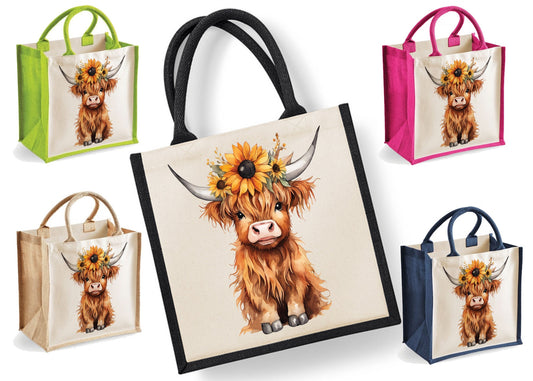 Highland Cow Tote Bag | Jute | Jute Tote Bag | Shopping Bag | Reusable Bag | Highland Cow | Sunflowers