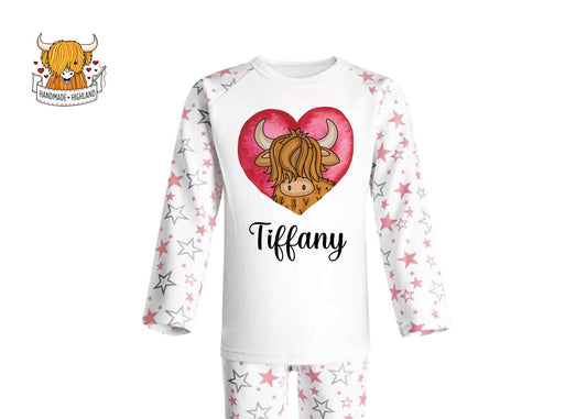Personalised Highland Cow Pyjamas | PJ's | Kids Nightwear | Heart | Highland Cow