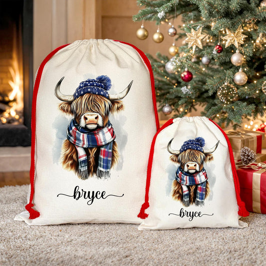 Santa Sack - Personalised Santa Sack - Christmas Stocking - Made to Order - XL - 70x50cm - Highland Cow