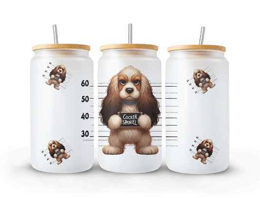 Glass with Bamboo Lid | Cocker Spaniel | Dog Lover | Bad Dog | Funny Glass | Frosted Glass | 16oz | Libby Glass