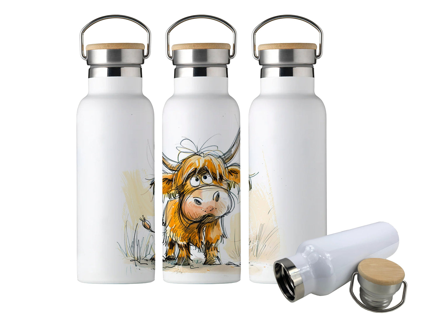 Personalised Water Bottle | 600ml | Hot/Cold | Custom Water Bottle | Highland Cow | Metal Water Bottle Bamboo Lid with Carry Handle