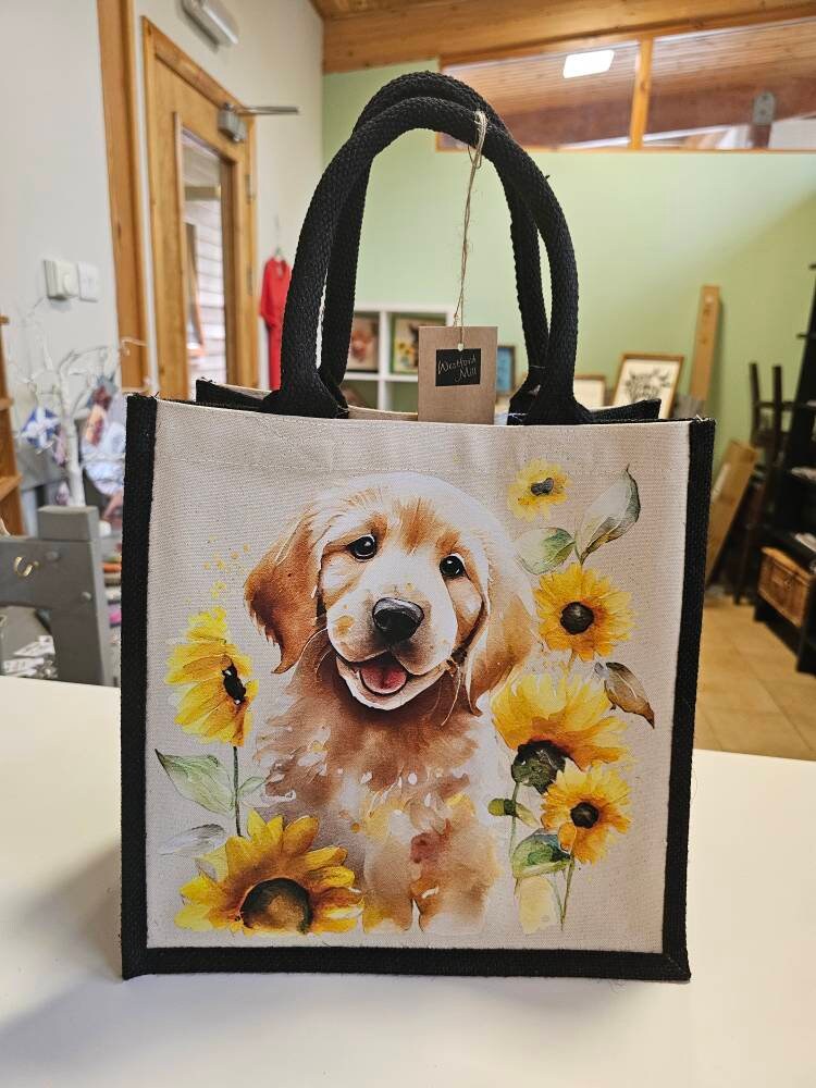 Labrador Tote Bag | Jute | Jute Tote Bag | Shopping Bag | Reusable Bag | Labrador | Sunflowers