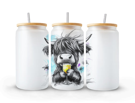 Glass with Bamboo Lid | Highland Cow | Boozie Moo | Glass | Frosted Glass | 16oz | Libby Glass