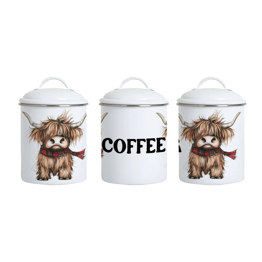 Tea Caddie Set Enamel - Highland Cow - Enamel Caddie - Enamel Jar - Tea Sugar Coffee