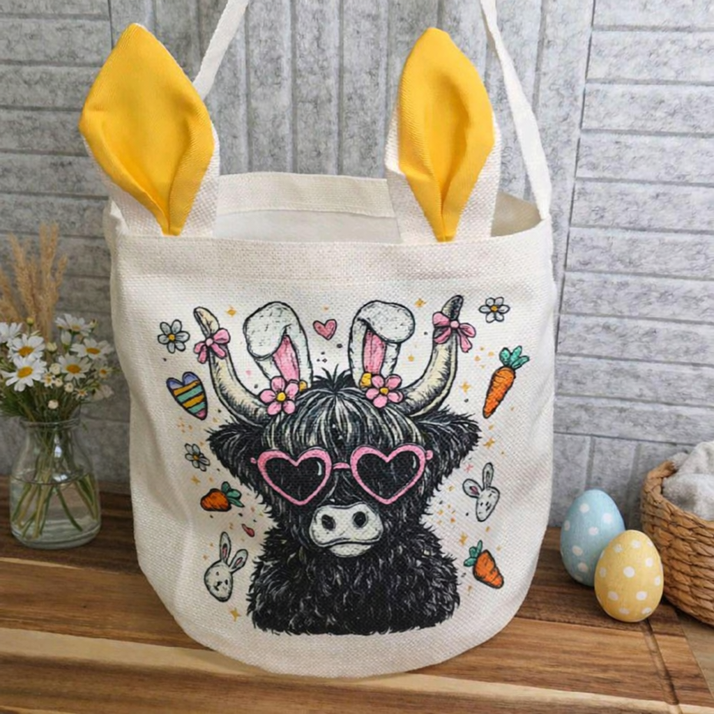 Highland Cow Easter Tote Bag with Yellow Bunny Ears
