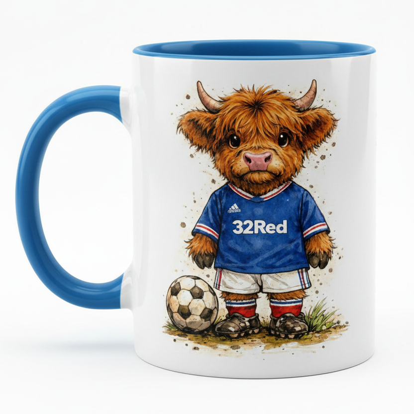 Mug with a highland cow wearing a blue jersey and holding a Football on a white background