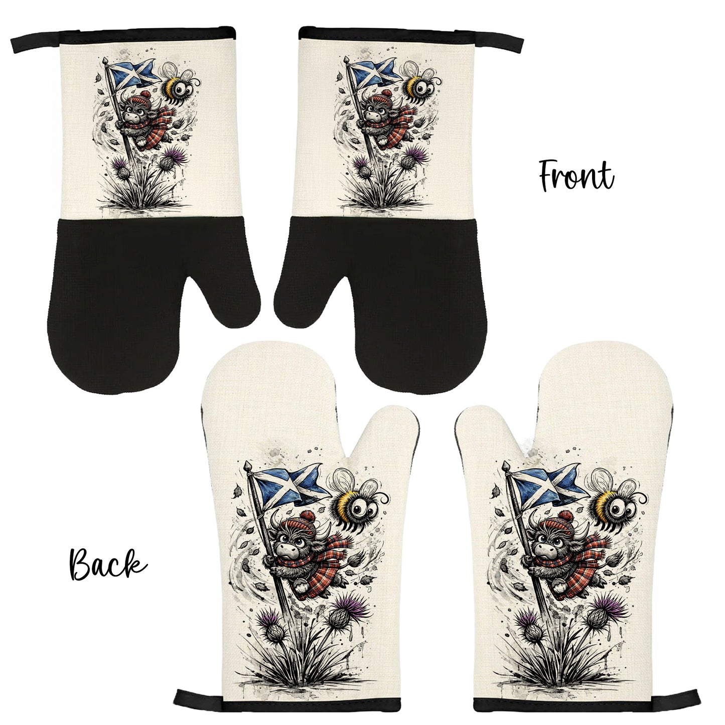 Highland Cow Oven Mitts – Heat Resistant Linen & Silicone Gloves | Personalised | Highland Hoolie