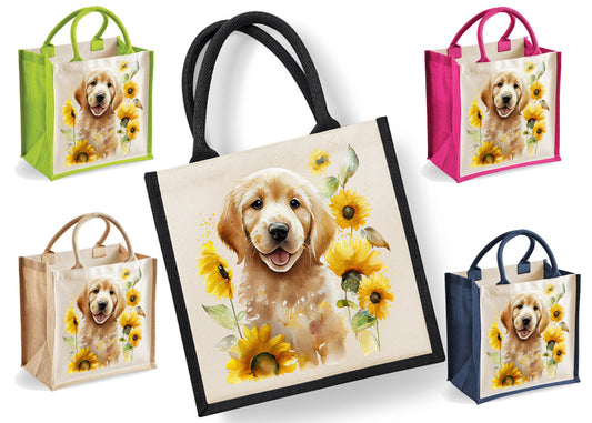 Labrador Tote Bag | Jute | Jute Tote Bag | Shopping Bag | Reusable Bag | Labrador | Sunflowers