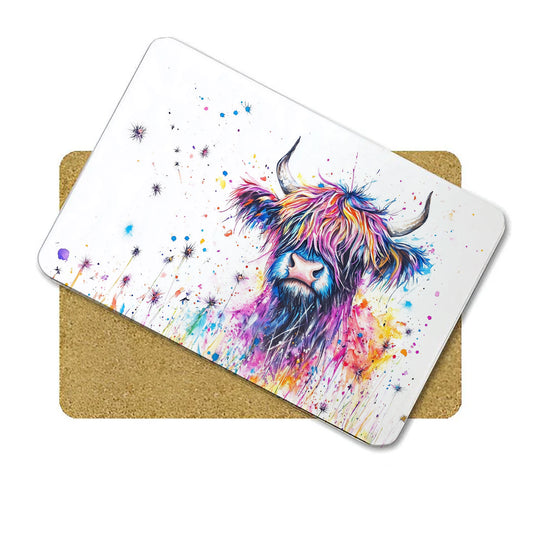Highland Cow Placemat - Table Mat - Hardwood - Cork Back - Rainbow Coo