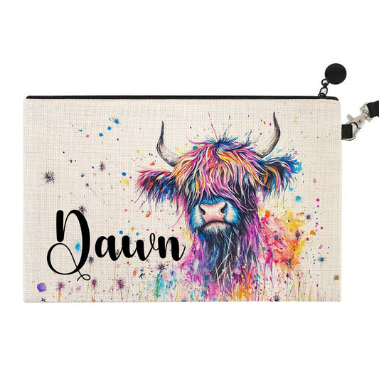 Pencil Case / Cosmetic Bag | Make Up | Personalised | Made to Order | Highland Cow | Splatter Moo