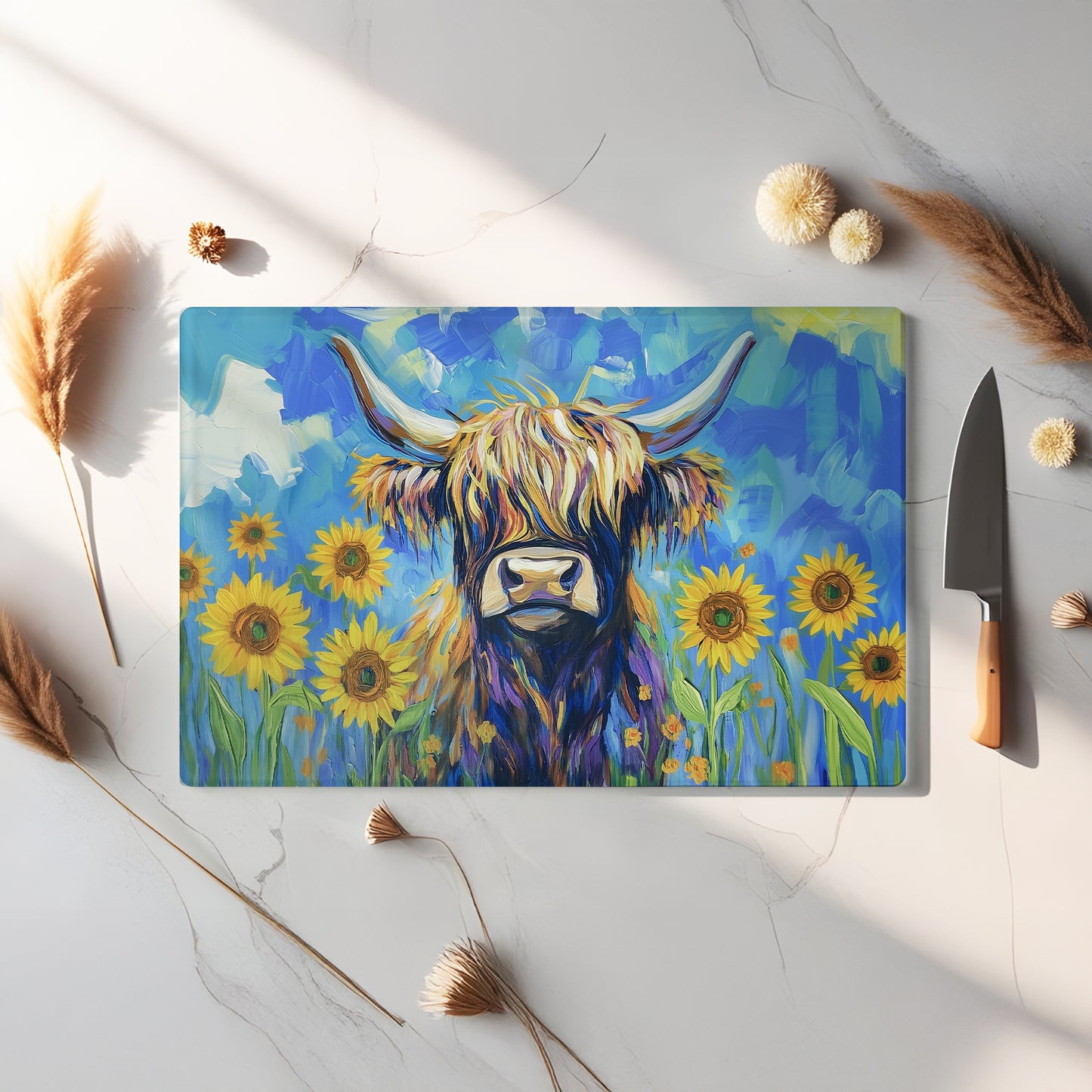 Glass Chopping Board - Highland Cow Chopping Board - Cutting Board - Cheese Board - Sunny Moo