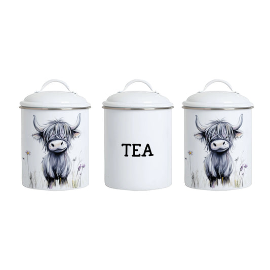 Tea Caddie Set Enamel - Highland Cow - Enamel Caddie - Enamel Jar - Tea Sugar Coffee - Heather