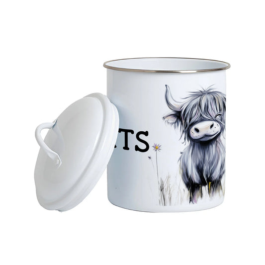 Biscuit Barrel Enamel - Highland Cow - Enamel Caddie - Enamel Jar - Biscuit Tin - Highland Cow