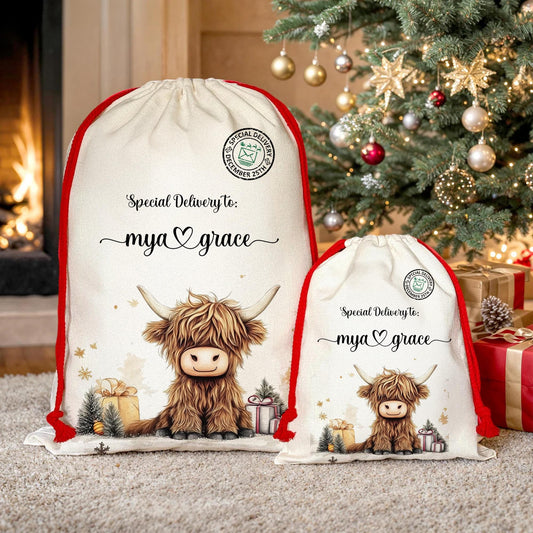 Santa Sack - Personalised Santa Sack - Christmas Stocking - Made to Order - XL - 70x50cm - Highland Cow