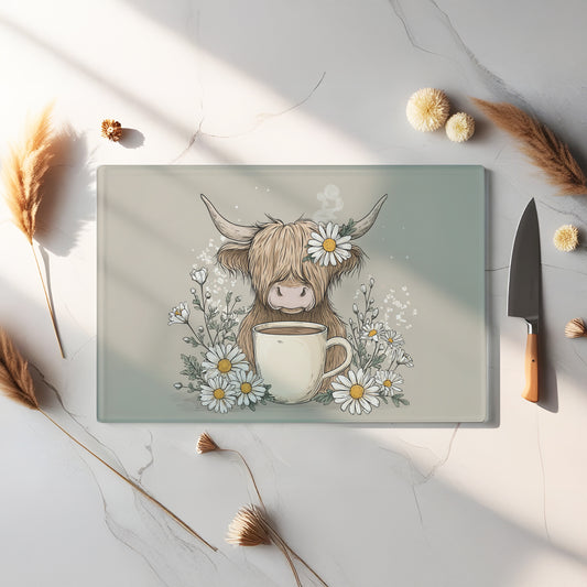 Glass Chopping Board - Highland Cow Chopping Board - Cutting Board - Cheese Board - Cuppa Moo