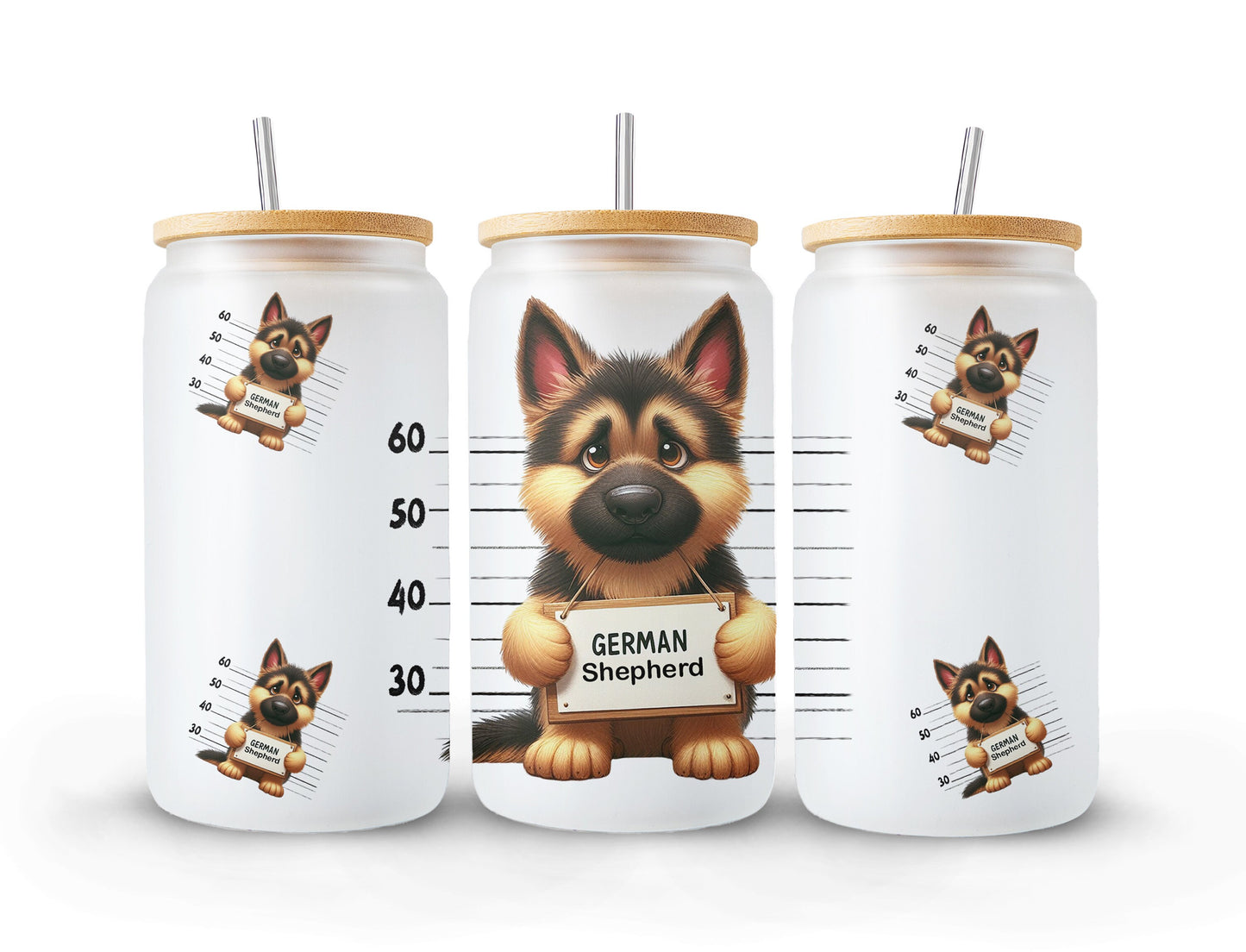 Glass with Bamboo Lid | German Shepherd | Dog Lover | Bad Dog | Funny Glass | Frosted Glass | 16oz | Libby Glass