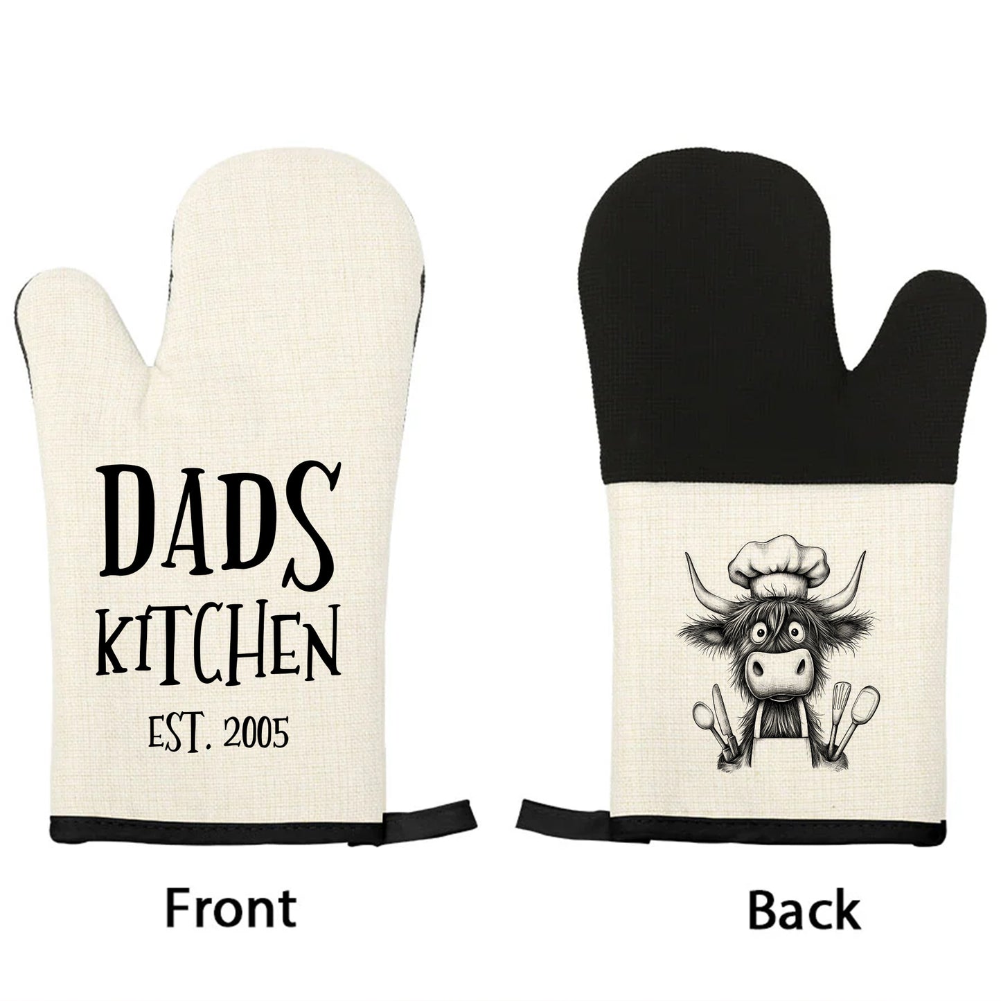 Highland Cow Oven Mitts – Heat Resistant Linen & Silicone Gloves | Personalised | Dads Kitchen