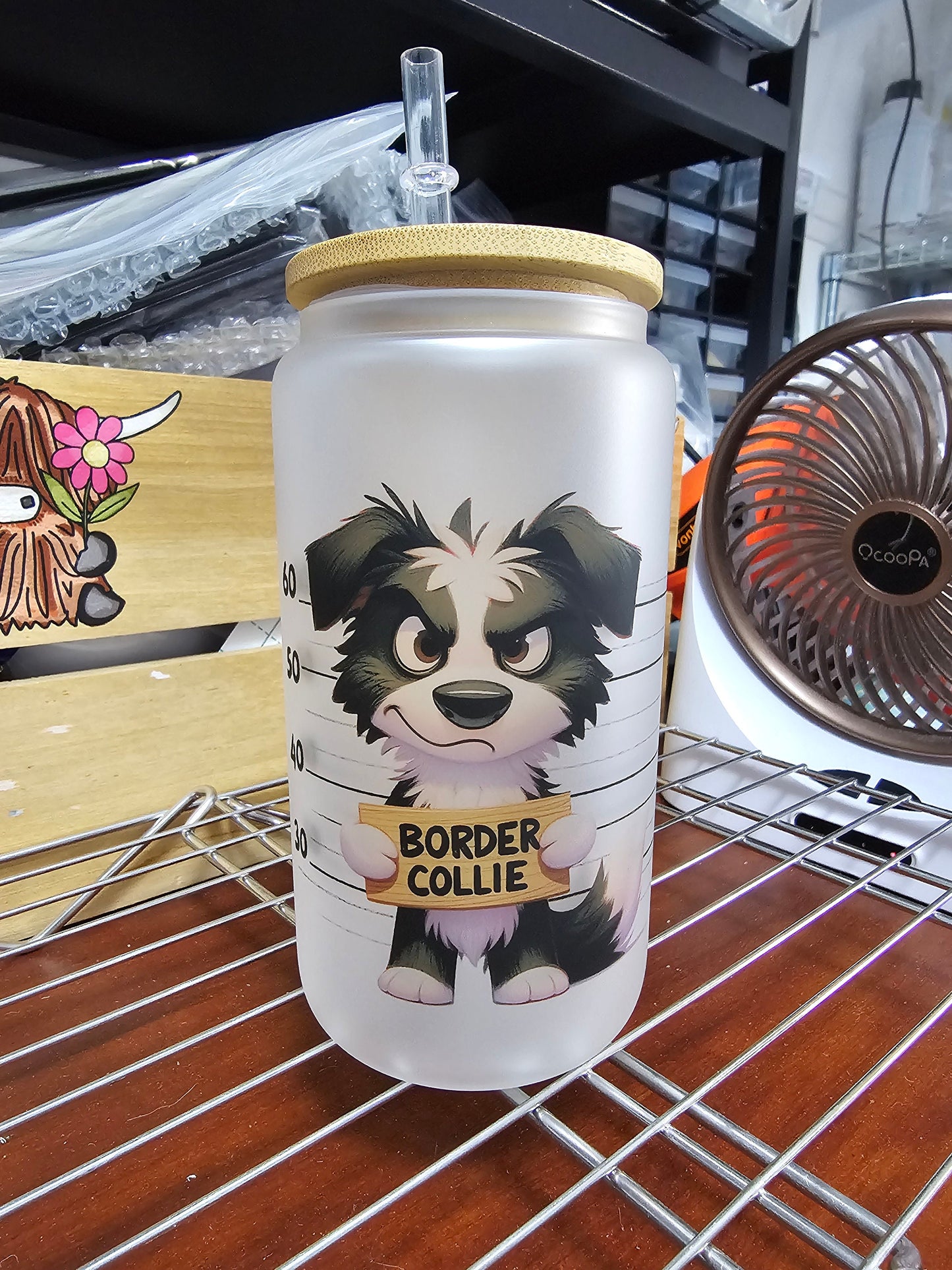 Glass with Bamboo Lid | Border Collie | Dog Lover | Bad Dog | Funny Glass | Frosted Glass | 16oz | Libby Glass