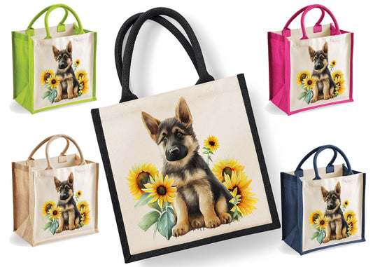 German Shepherd Tote Bag | Jute | Jute Tote Bag | Shopping Bag | Reusable Bag | German Shepherd | Sunflowers