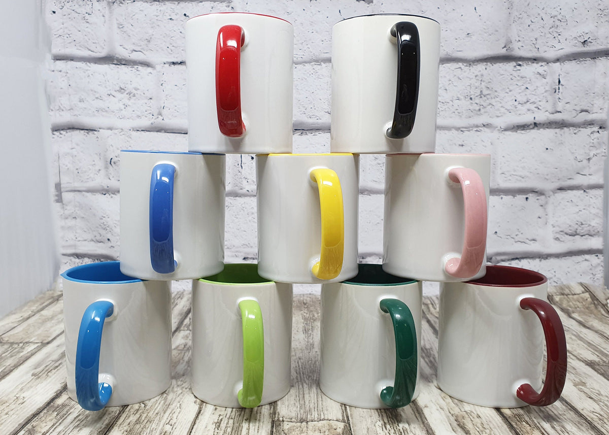 9 two tone Coloured Mugs Stacked in a Pyramid