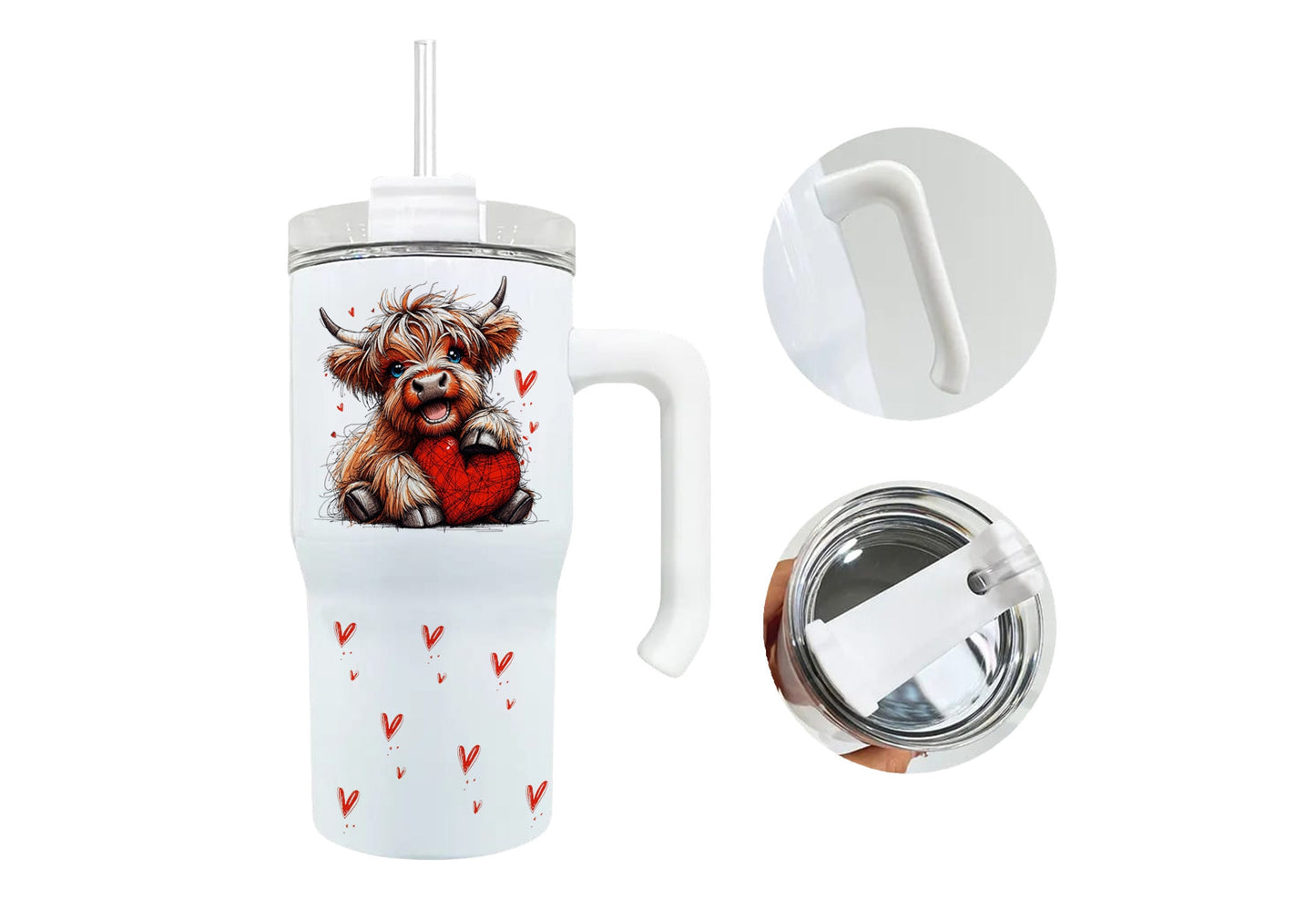 20 oz Travel Mug Highland Cow Heart Travel Mug with Straw