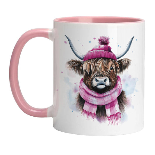 Highland Cow Ceramic Mug| | Highland Cow Gift | Pink Winter Moo | Personalised Mug| 9 Colour Choices