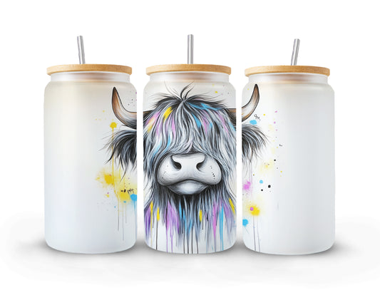 Glass with Bamboo Lid | Highland Cow | Mhorag | Glass | Frosted Glass | 16oz | Libby Glass