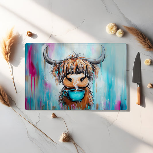 Glass Chopping Board - Highland Cow Chopping Board - Cutting Board - Cheese Board - Brew Moo