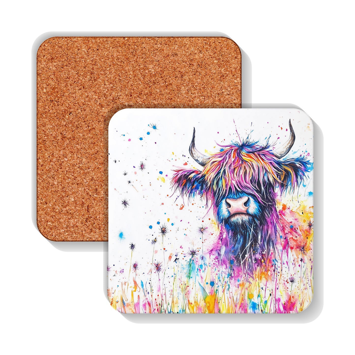Highland Cow Coaster - Highland Cow - Hardwood - Cork Back - Rainbow Coo