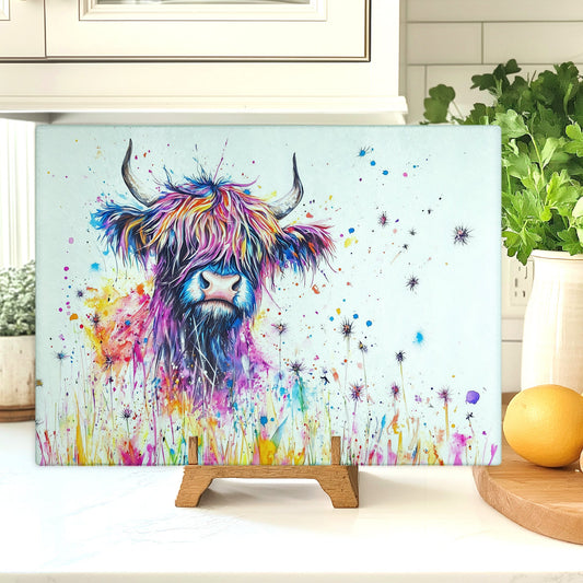 Glass Chopping Board - Highland Cow Chopping Board - Cutting Board - Cheese Board - rainbow coo