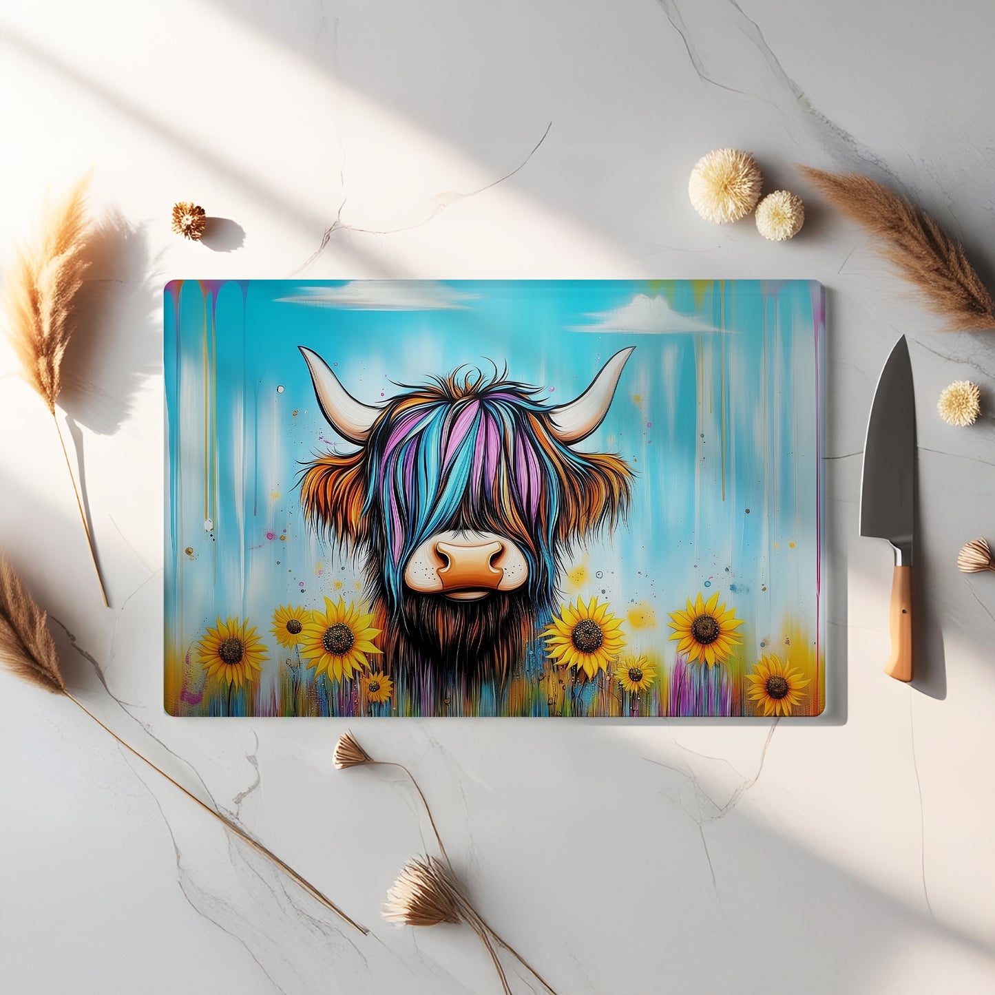 Glass Chopping Board - Highland Cow Chopping Board - Cutting Board - Cheese Board - Rainbow Sunflower