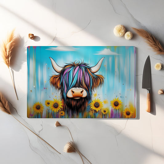 Glass Chopping Board - Highland Cow Chopping Board - Cutting Board - Cheese Board - Rainbow Sunflower