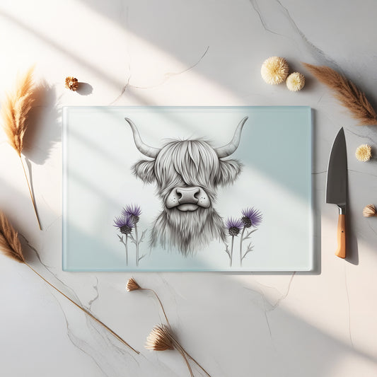 Glass Chopping Board - Highland Cow Chopping Board - Cutting Board - Cheese Board - Sketchy Thistle