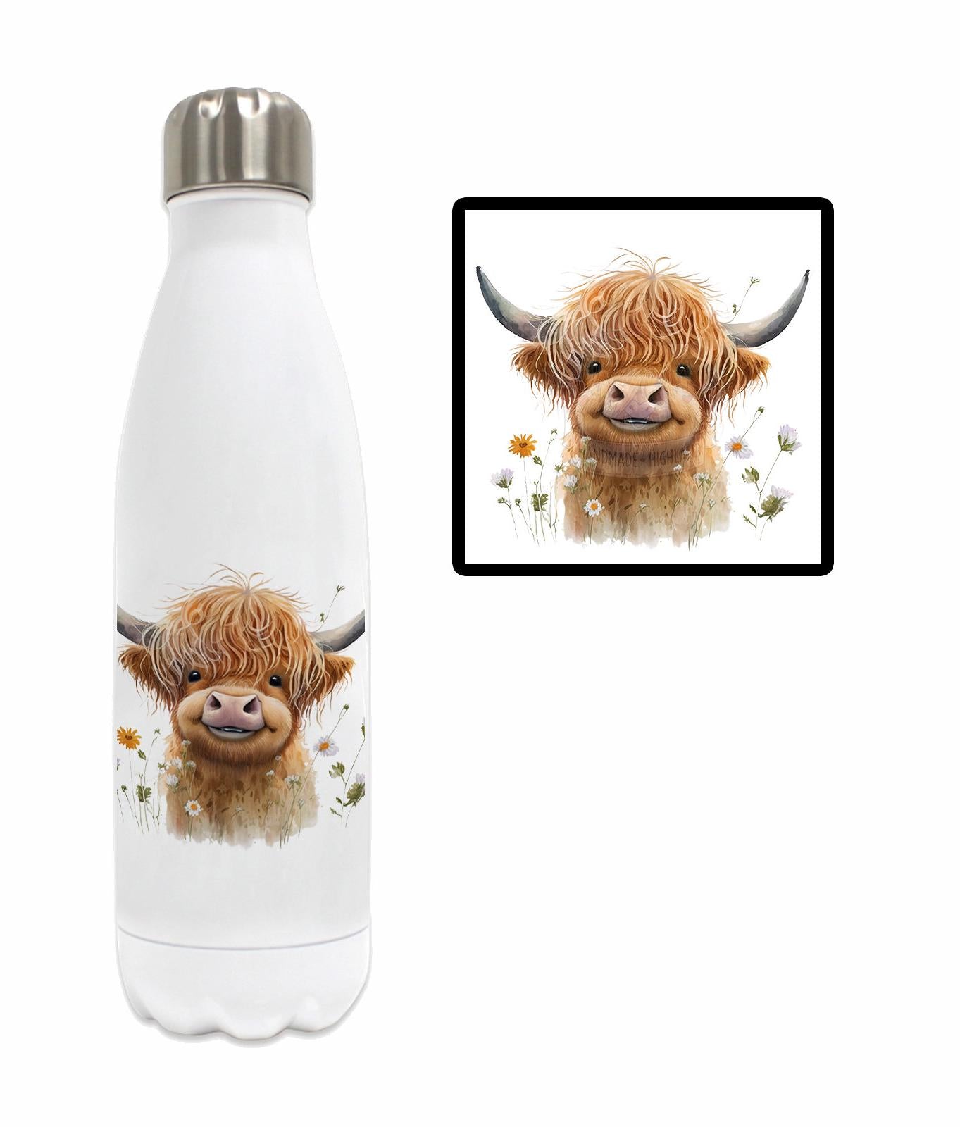 Personalised Water Bottle | 500ml | Hot/Cold | Custom Water Bottle | Highland Cow | Cheeky Highland Cow