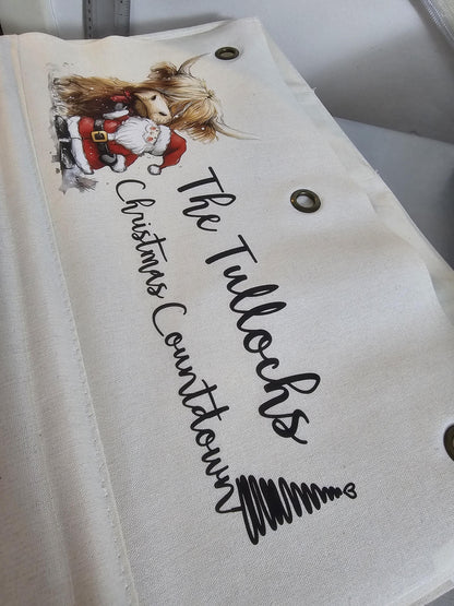 Re-usable Canvas Advent Calendar - Highland Cow - Christmas Countdown - Countdown Calendar