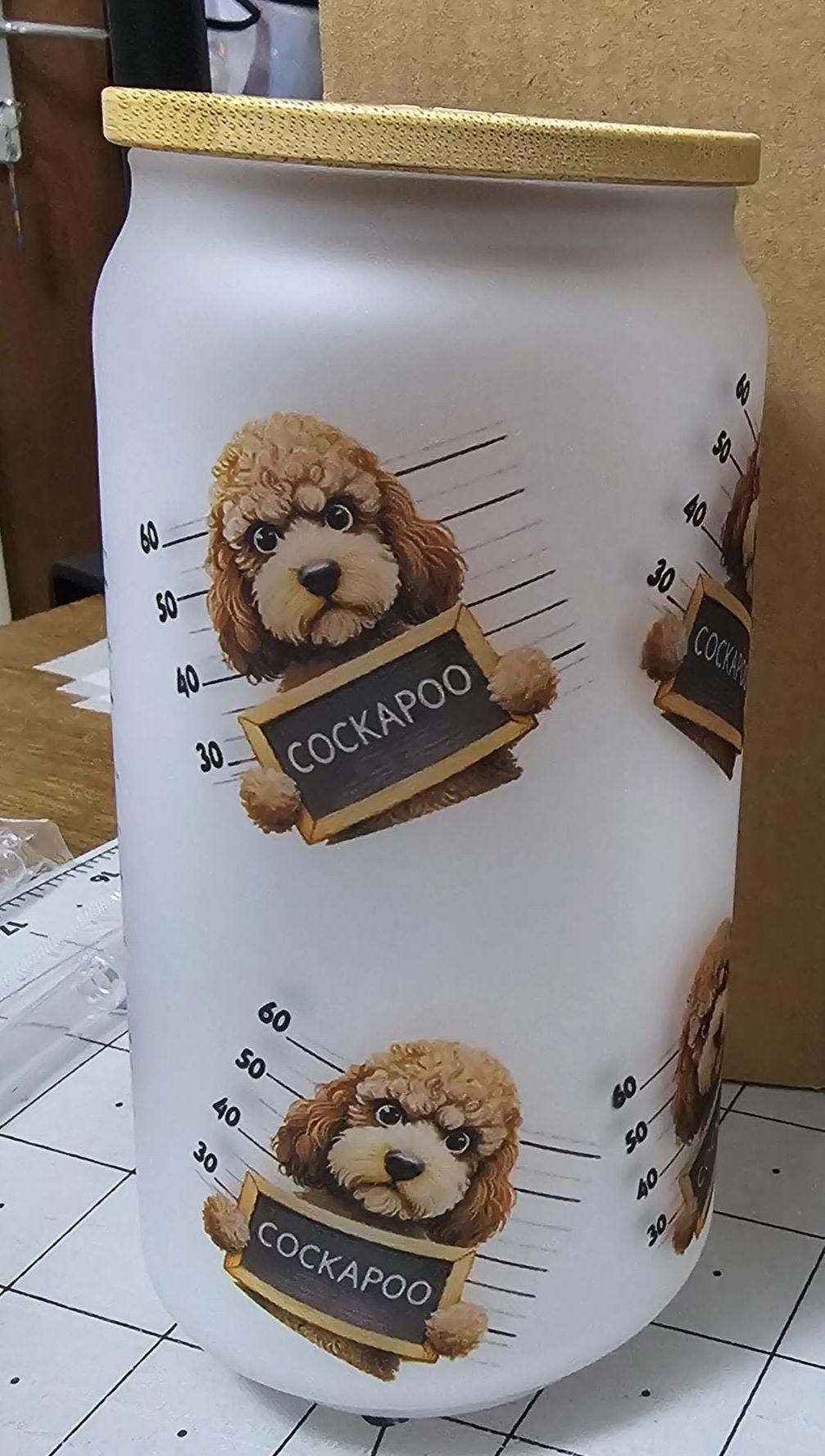 Glass with Bamboo Lid | Cockapoo | Dog Lover | Bad Dog | Funny Glass | Frosted Glass | 16oz | Libby Glass