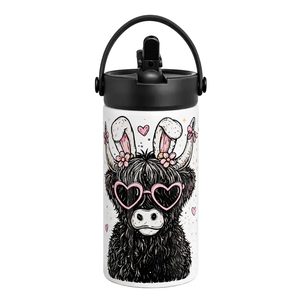 Personalised Water Bottle | 600ml | Custom Water Bottle | Highland Cow | Easter Moo| Metal Water Bottle with Removable Silicone Handle