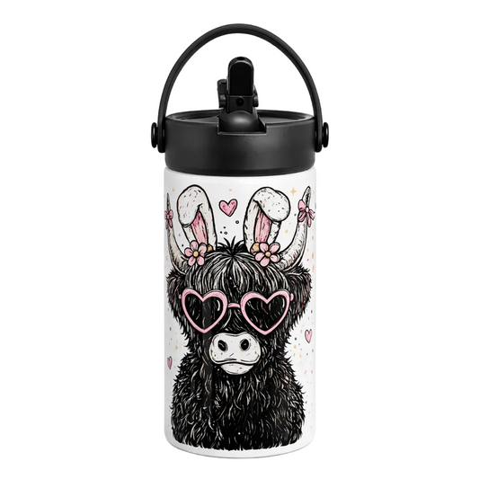 Personalised Water Bottle | 600ml | Custom Water Bottle | Highland Cow | Easter Moo| Metal Water Bottle with Removable Silicone Handle