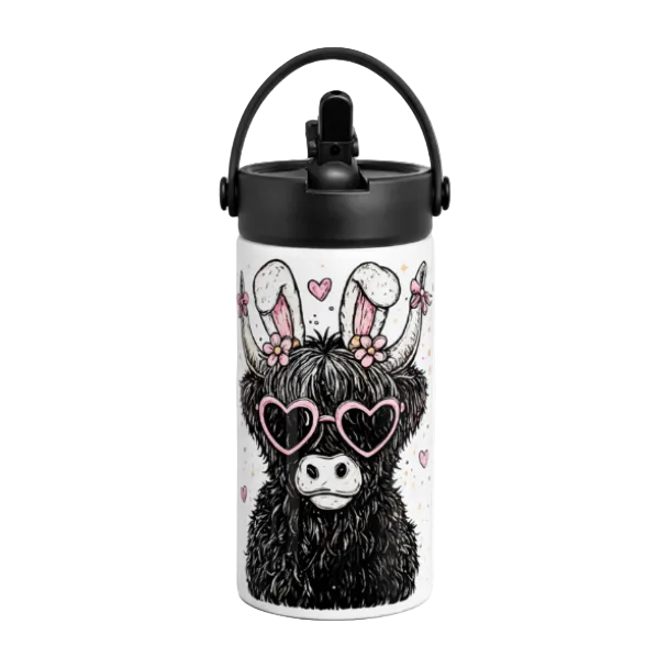 Personalised Water Bottle | 600ml | Custom Water Bottle | Highland Cow | Easter Moo| Metal Water Bottle with Removable Silicone Handle